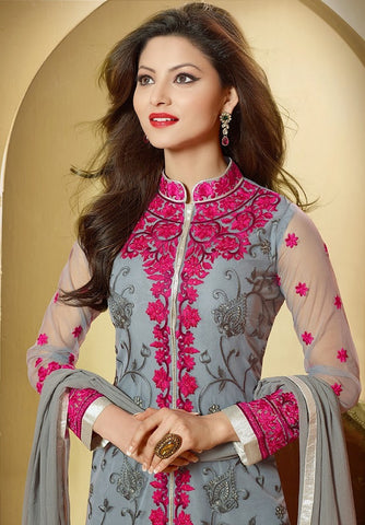 Designer Grey Georgette Embroidered Party Wear Churidar Suit