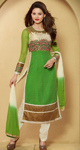 Green Georgette Embroidered Stylish Churidar Suit