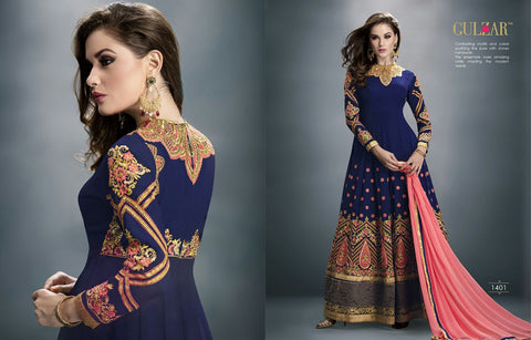 Navy Salwar Kameez Semi Stitched Embroidered