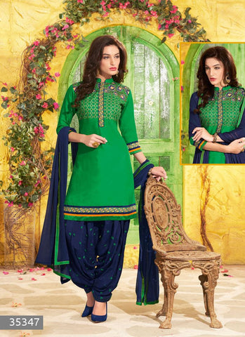 Green Color Unstitch Embroidered Patiala Salwar Kameez - 35347
