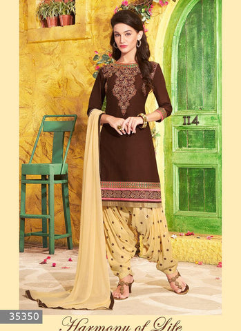 Brown Color Unstitch Embroidered Patiala Salwar Kameez - 35350