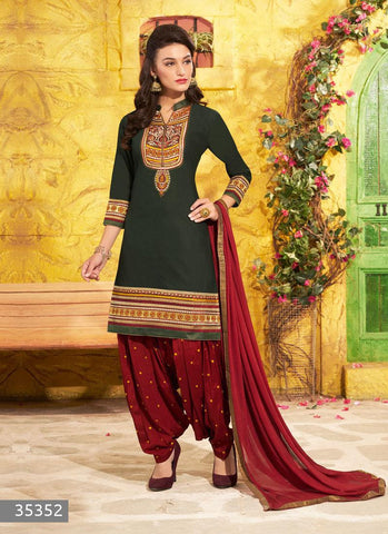 Olive Color Unstitch Embroidered Patiala Salwar Kameez - 35352