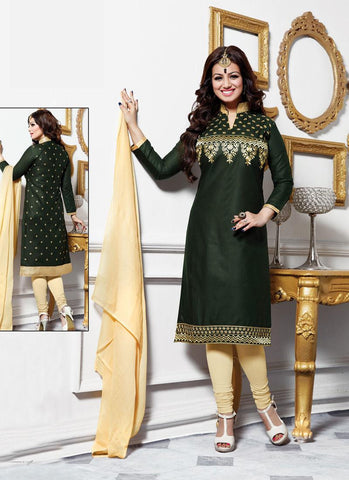 Olive Color Embroidered Un-Stitched Salwar Kameez - 35493