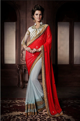Designer Party Wear Red Color Saree With Blouse
