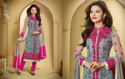 Designer Grey Georgette Embroidered Party Wear Churidar Suit