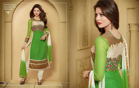 Green Georgette Embroidered Stylish Churidar Suit