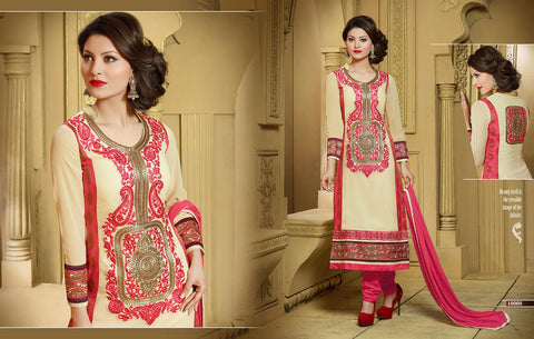 Cream And Pink Faux Georgette Party Wear Churidar Suit