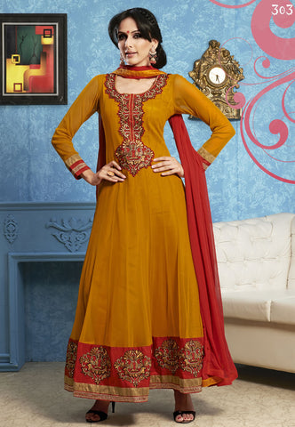 Gold color net anarkali suit with dupatta