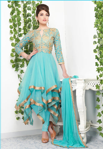 Passion Sky Blue Color Gold Lace And Embroidered Designer Suit