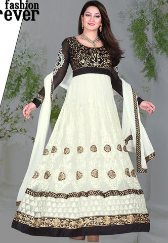 Flamboyant Cream Color Net Designer Anarkali Suit