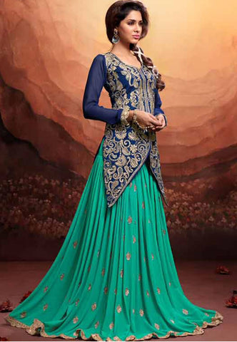 Elegant blue and turquoise color full long length designer anarkali suit