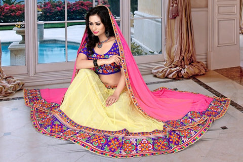 Narmada Fashion Crafted Navratri Kachhi Work Light Yellow Lahenga