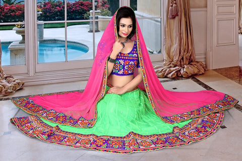 Narmada Fashion Crafted Navratri Kachhi Work Parrot Green Lahenga