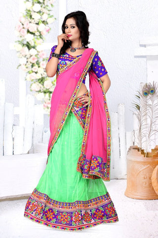 Narmada Fashion Crafted Navratri Kachhi Work Parrot Green Lahenga